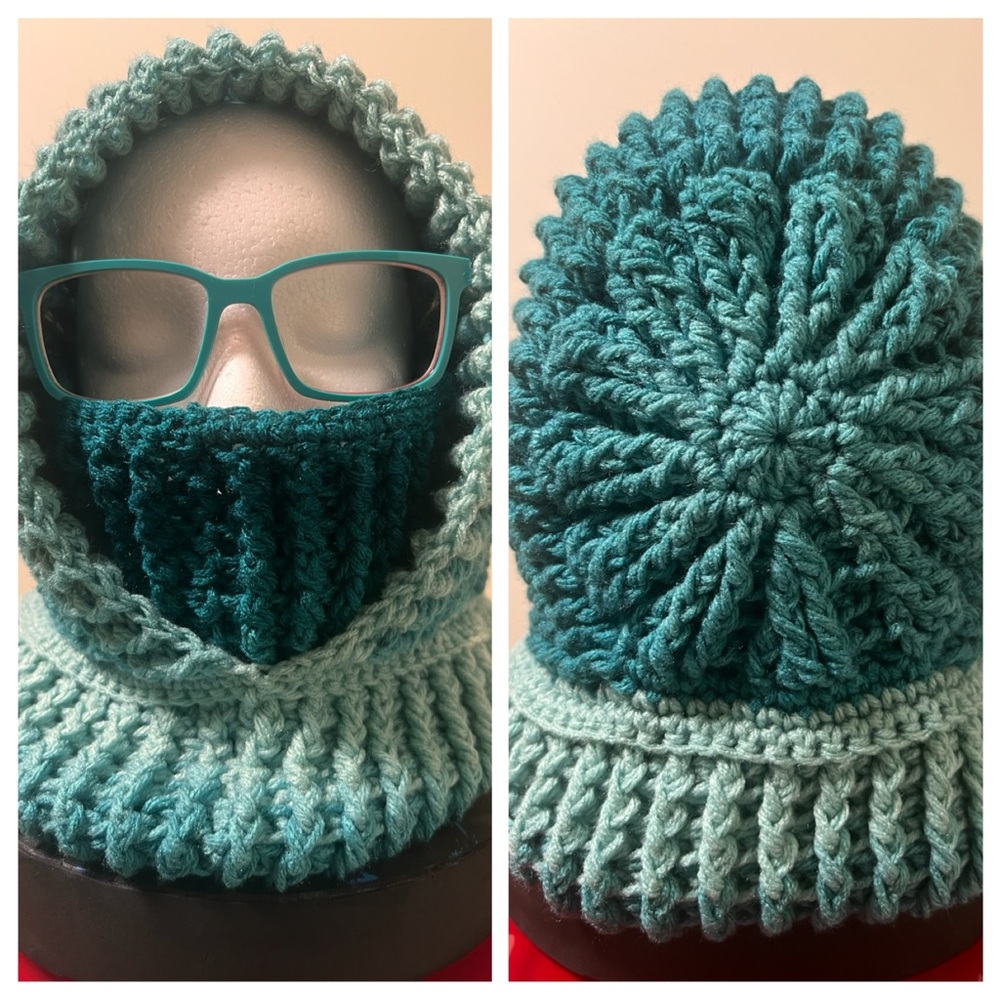 Color is variegated teal, handmade with acrylic yarn.